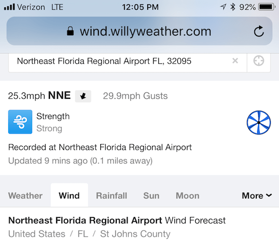 30 mph Wind Gusts at NE FL Regional Airport